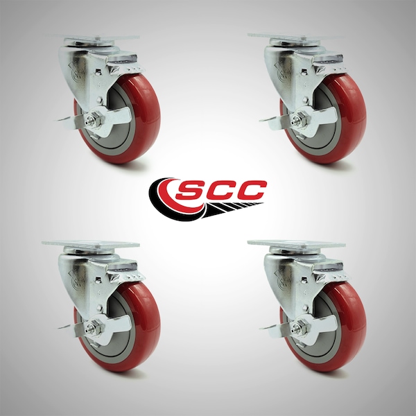 Service Caster 4 Inch SS Red Polyurethane Swivel Top Plate Caster Set with Brake SCC SCC-SS20S414-PPUB-RED-TLB-4 - main